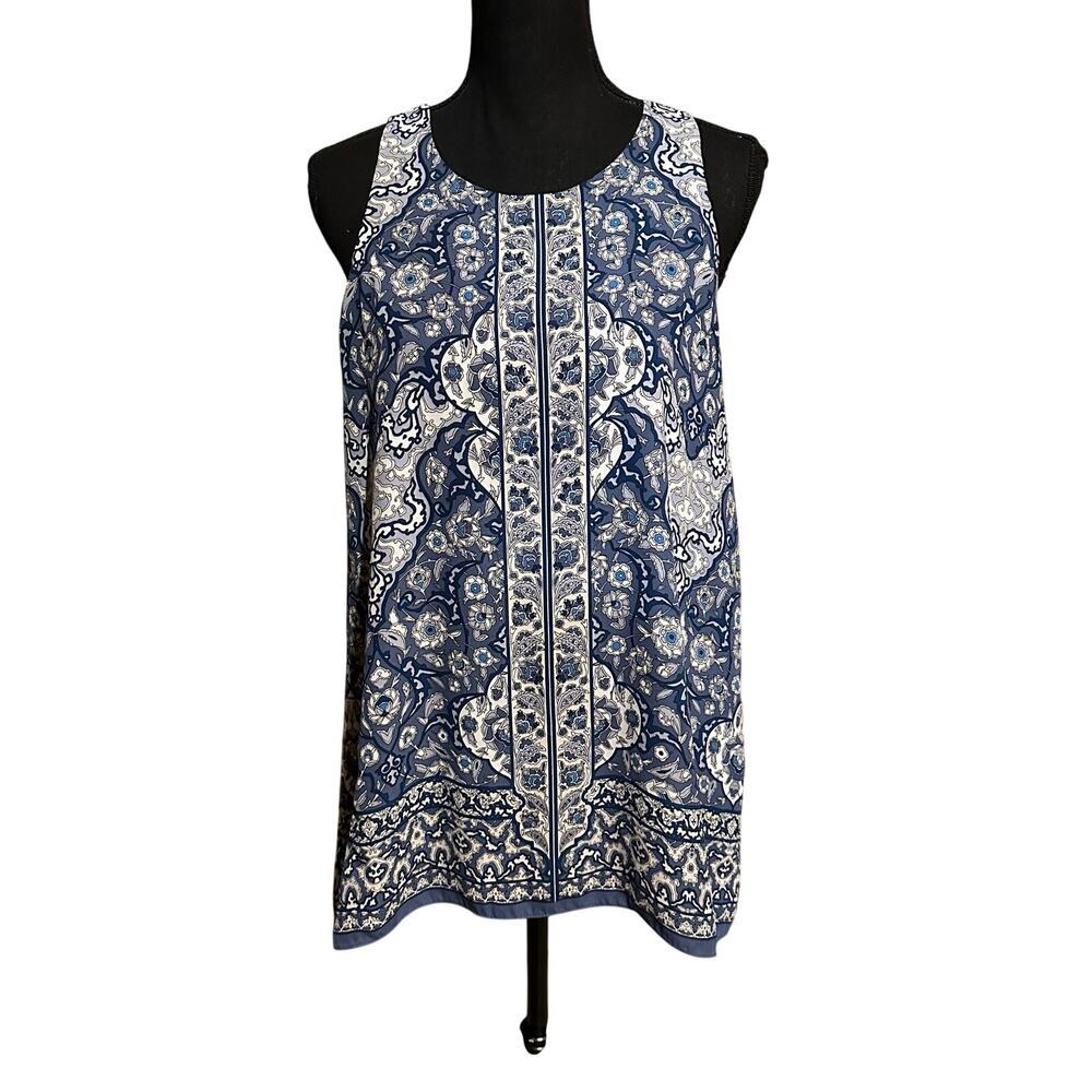 Max Studio Blue and White Floral Print Sleeveless Tank Top Women's M Medium